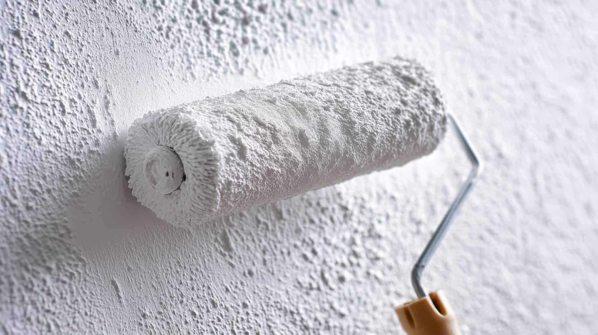 Paint roller applying white paint on a textured wall. Home improvement and renovation concept for residential or commercial painting projects.